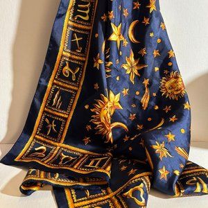 VTG Horoscope celestial sun and moon silk scarf blue and gold pattern - artwear